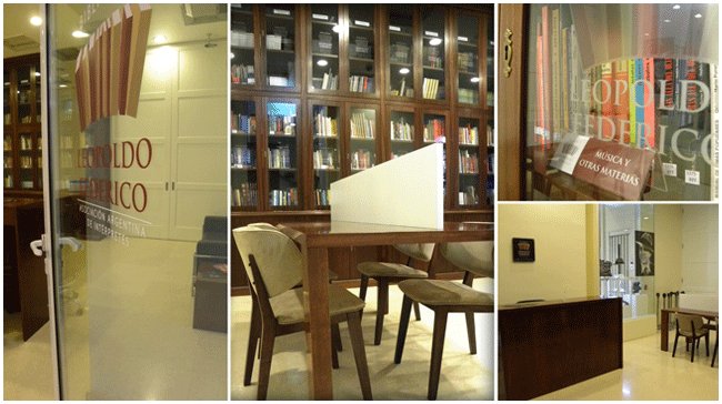 Interior de la Biblioteca Leopoldo Federico: acceso, estanterías y mesas de la sala de lectura.
