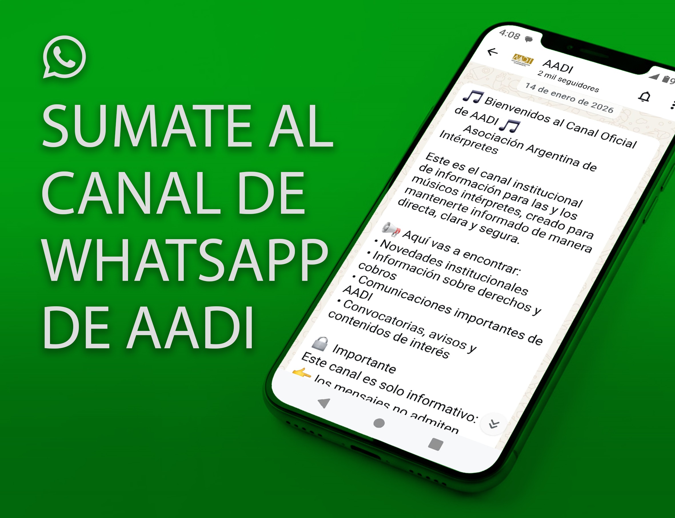 SUMATE AL CANAL DE WHATSAPP DE AADI